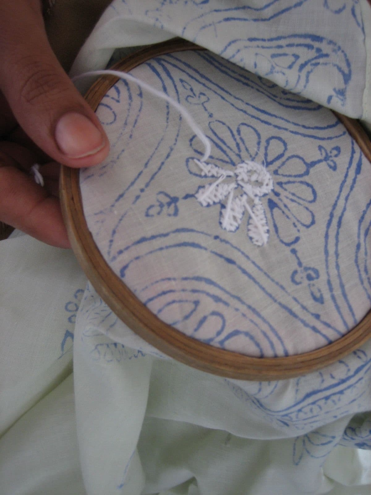 The first Chikankari stitches worked over a printed motif