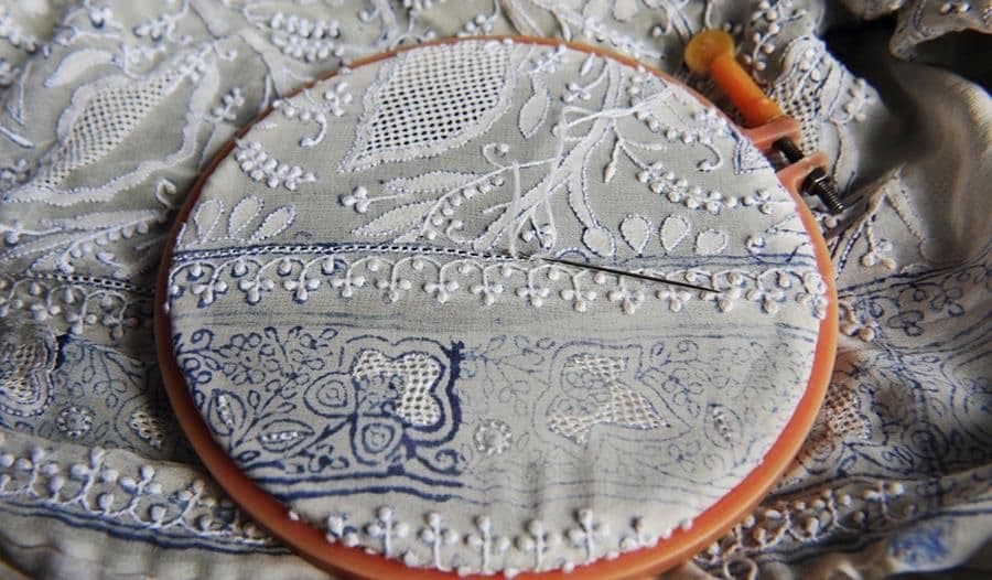 Finished embroidery as the blue block-print markings wash away