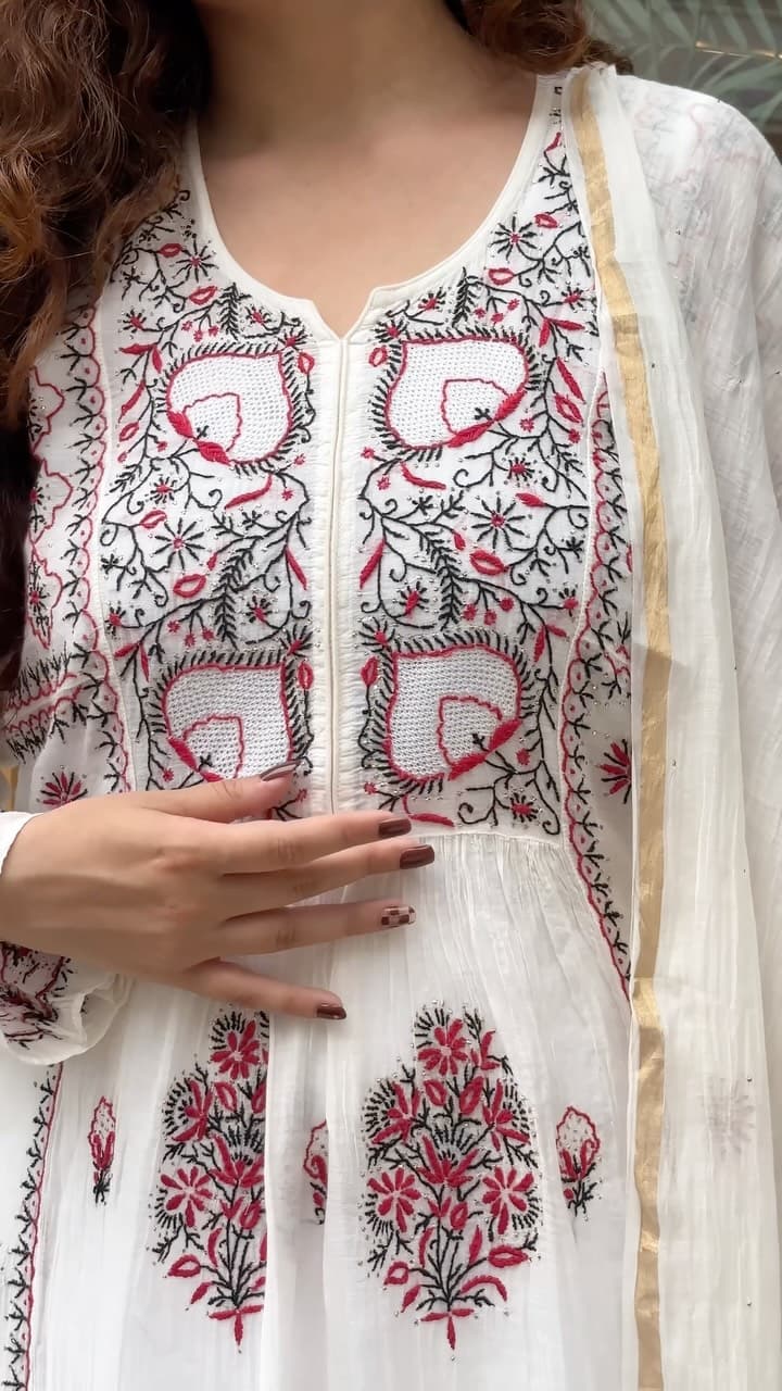 Crafted in Pure Mul Chanderi, this semi-stitched Kurta & Dupatta Set is adorned with exquisite handwork, intr…